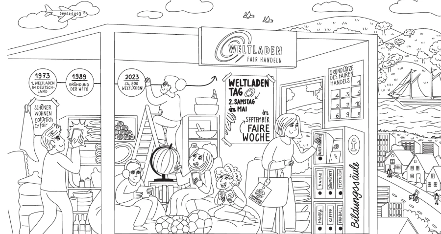 Unser Weltladen-Wimmelbild gibt es jetzt als Ausmalbild für gemeinsame Aktionen.